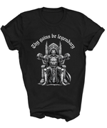 Load image into Gallery viewer, Black t-shirt with a graphic of a muscular figure on a throne lifting weights and text 'Thy gains be legendary' on a white background.