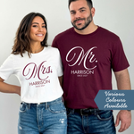Load image into Gallery viewer, Mr and Mrs Personalised T-Shirts, Matching Newlywed Honeymoon Couple Shirts