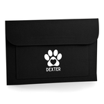Load image into Gallery viewer, A black envelope-style pouch or sleeve with a white paw print and heart graphic on the front, plus the word 'DEXTER' below it, shown on a clean white background.