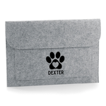 Load image into Gallery viewer, A gray felt envelope-style pouch with a black paw print and the name 'DEXTER' printed on the front, shown on a clean white background.