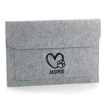Load image into Gallery viewer, A gray felt pet memorial envelope or pouch with a black heart outline, paw print, and the name 'JASPER' printed on the front, shown on a white background.
