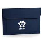 Load image into Gallery viewer, A navy blue envelope-style pouch or sleeve with a white paw print and heart graphic on the front, plus the name 'DEXTER' printed below it, shown on a clean white background.