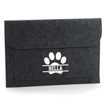Load image into Gallery viewer, A dark grey melange felt envelope-style pouch with a white paw print and the name 'BELLA' printed on the front, shown on a clean white background.