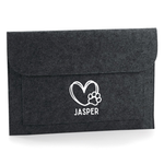 Load image into Gallery viewer, A dark gray felt pet memorial envelope or pouch with a white heart outline, paw print, and the name 'JASPER' printed on the front, shown on a white background.