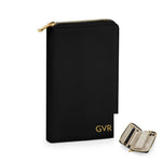 Load image into Gallery viewer, A black wallet with a zipper closure and the initials "GVR" printed on it.