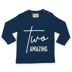 Load image into Gallery viewer, a blue t - shirt with the words two amazing written on it