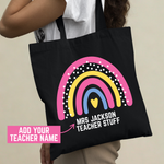 Load image into Gallery viewer, Personalised Teacher Tote Bag – Rainbow “Teacher Stuff” Design with Custom Name