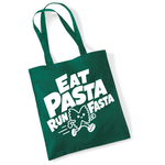 Load image into Gallery viewer, A dark green tote bag with white printed text reading 'EAT PASTA RUN FASTA' and a cartoon pasta character, shown on a plain white background.