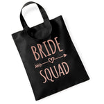 Load image into Gallery viewer, Black Bride Squad mini tote bag with rose gold text