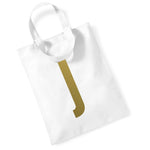 Load image into Gallery viewer, White initial mini tote bag with a gold letter J