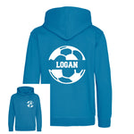 Load image into Gallery viewer, a blue hoodie with a soccer ball on it