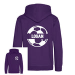 Load image into Gallery viewer, a purple hoodie with a soccer ball on it