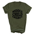 Load image into Gallery viewer, Military Green Middle Child Energy T-shirt with black retro print