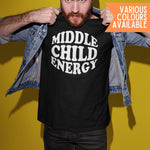 Load image into Gallery viewer, Man wearing a black Middle Child Energy T-shirt with white retro print under a denim jacket; various colours available