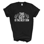 Load image into Gallery viewer, Black This Guy Is The Best Son T-shirt with white thumbs-up print