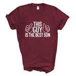 Load image into Gallery viewer, Maroon This Guy Is The Best Son T-shirt with white thumbs-up print