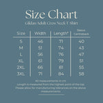 Load image into Gallery viewer, Size chart for the unisex adult crew neck T-shirt: width, length and sleeve measurements in cm for sizes S to 3XL