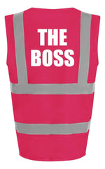 Load image into Gallery viewer, The Boss Kids Hi Viz Vest – pink with white text