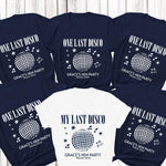 Load image into Gallery viewer, One Last Disco personalised hen party T-shirts – navy bridal party tees with white print and a white bride tee with navy print
