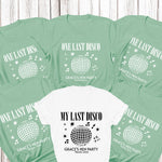 Load image into Gallery viewer, One Last Disco personalised hen party T-shirts – mint bridal party tees with white print and a white bride tee with black print
