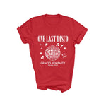 Load image into Gallery viewer, Red One Last Disco hen party T-shirt laid flat with white print