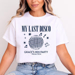 Load image into Gallery viewer, Woman wearing a white My Last Disco bride T-shirt with navy disco ball print