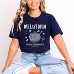 Load image into Gallery viewer, Woman wearing a navy One Last Disco hen party T-shirt with white disco ball print