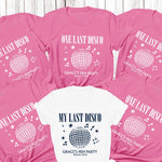 Load image into Gallery viewer, One Last Disco personalised hen party T-shirts – azalea pink bridal party tees with white print and a white bride tee with navy print