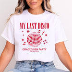 Load image into Gallery viewer, Woman wearing a white My Last Disco bride T-shirt with red disco ball print