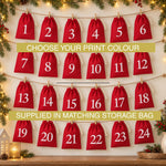 Load image into Gallery viewer, Reusable Advent calendar drawstring bags β 24 red cotton bags numbered 1 to 24 hanging on a garland with pegs