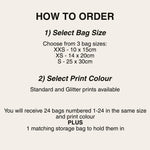 Load image into Gallery viewer, Reusable Advent calendar drawstring bags β how to order: choose bag size XXS, XS or S, then print colour; 24 bags plus a storage bag