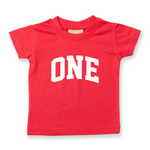Load image into Gallery viewer, One 1st Birthday Kids Varsity Arc Text T-shirt