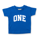 Load image into Gallery viewer, One 1st Birthday Kids Varsity Arc Text T-shirt