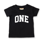 Load image into Gallery viewer, One 1st Birthday Kids Varsity Arc Text T-shirt