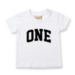 Load image into Gallery viewer, One 1st Birthday Kids Varsity Arc Text T-shirt