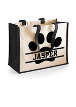 Load image into Gallery viewer, Personalised Dog Paw Name Jute Storage Toy Treats Travel Tote Bag