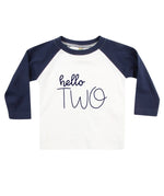 Load image into Gallery viewer, Hello Two 2nd Birthday Kids LONG SLEEVE BASEBALL T-Shirt