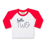 Load image into Gallery viewer, Hello Two 2nd Birthday Kids LONG SLEEVE BASEBALL T-Shirt