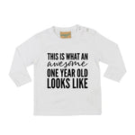 Load image into Gallery viewer, This Is What An Awesome One Year Old Looks Like 1st Birthday LONG SLEEVE Kids T-Shirt