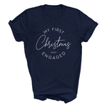 Load image into Gallery viewer, a navy t - shirt that says my first christmas engaged
