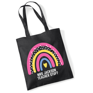 Personalised Teacher Tote Bag – Rainbow “Teacher Stuff” Design with Custom Name