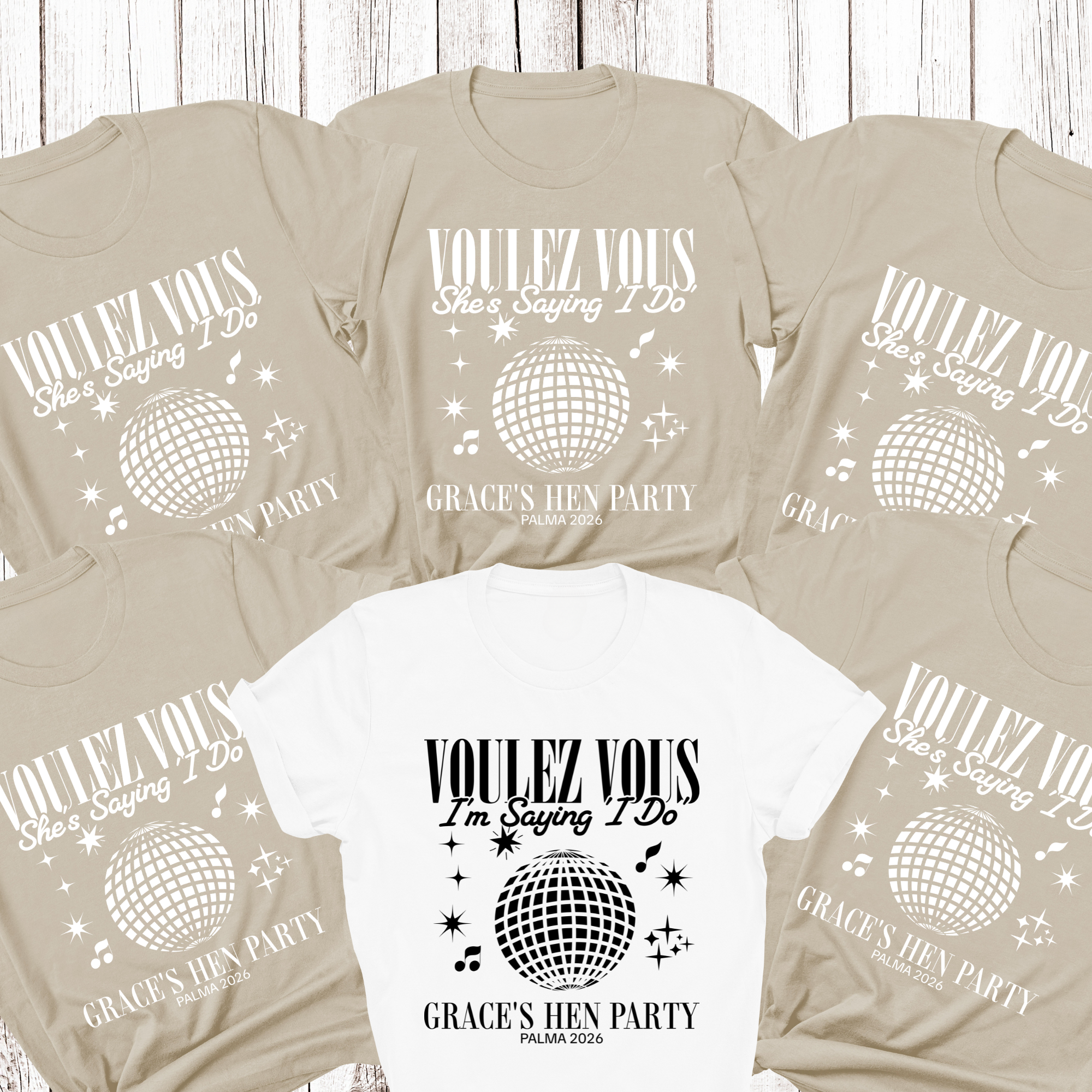 Personalised Hen Party Tshirts Disco Voulez Vous Saying I Do Bridal Party Shirts (Sand)