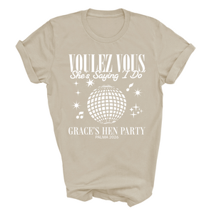 Personalised Hen Party Tshirts Disco Voulez Vous Saying I Do Bridal Party Shirts (Sand)