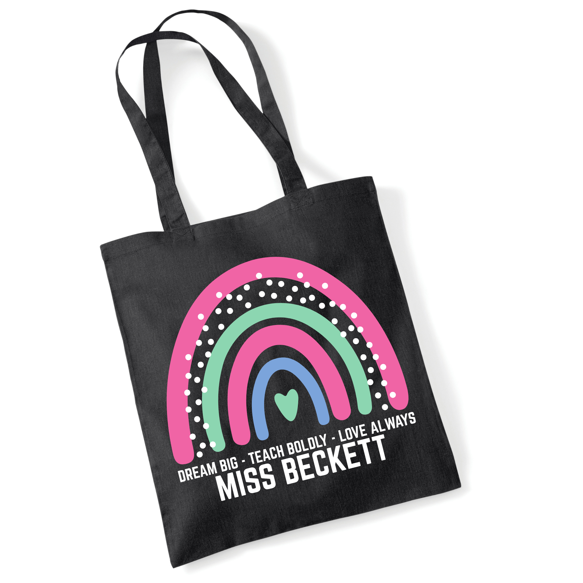 Personalised Teacher Tote Bag – Custom Name Rainbow Gift – Dream Big Teach Boldly