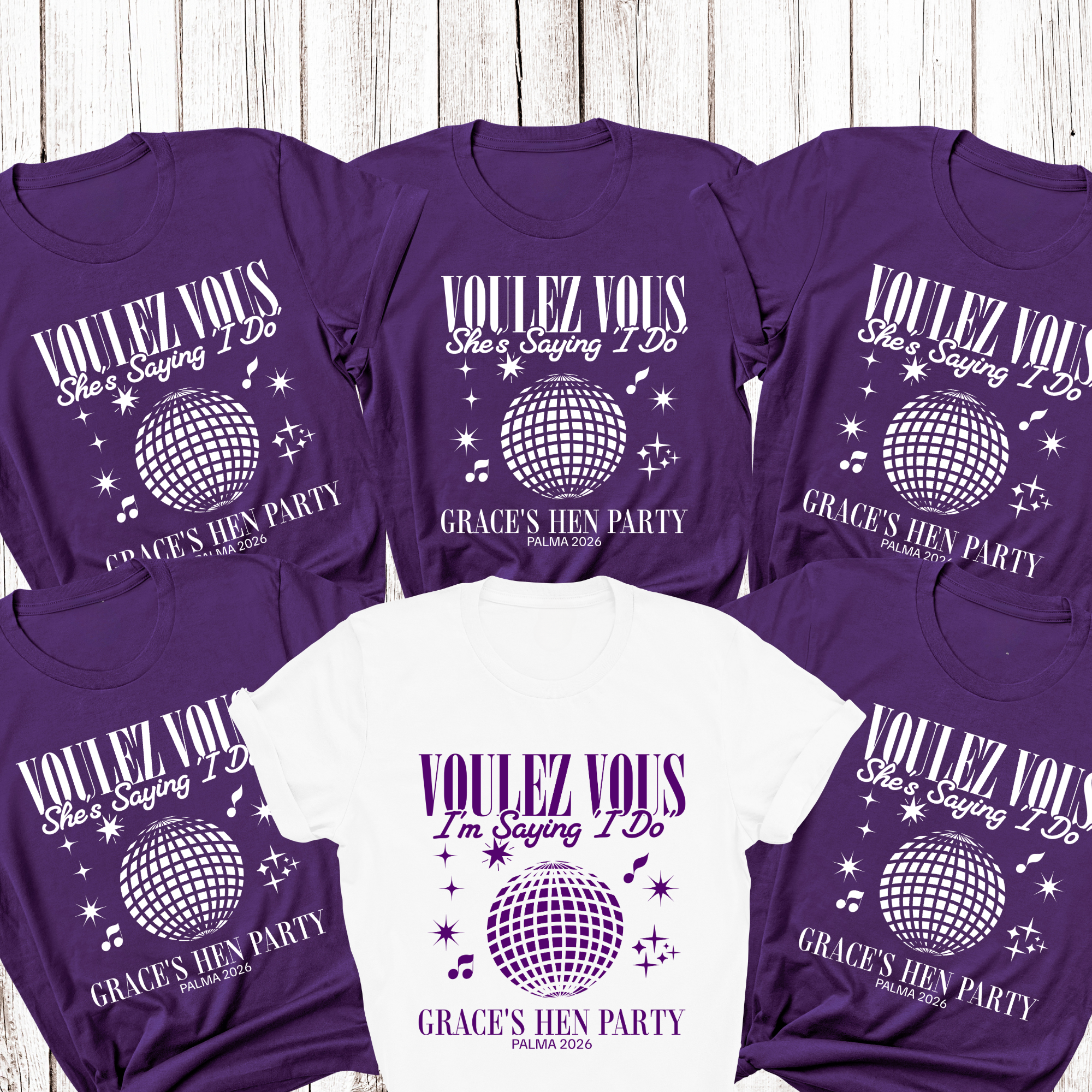 Personalised Hen Party Tshirts Disco Voulez Vous Saying I Do Bridal Party Shirts (Purple)