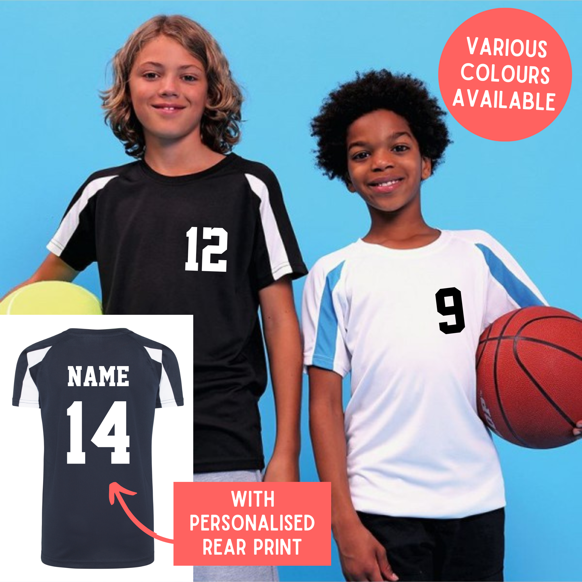 Kids Personalised Contrast Polyester Football Sports T-Shirt