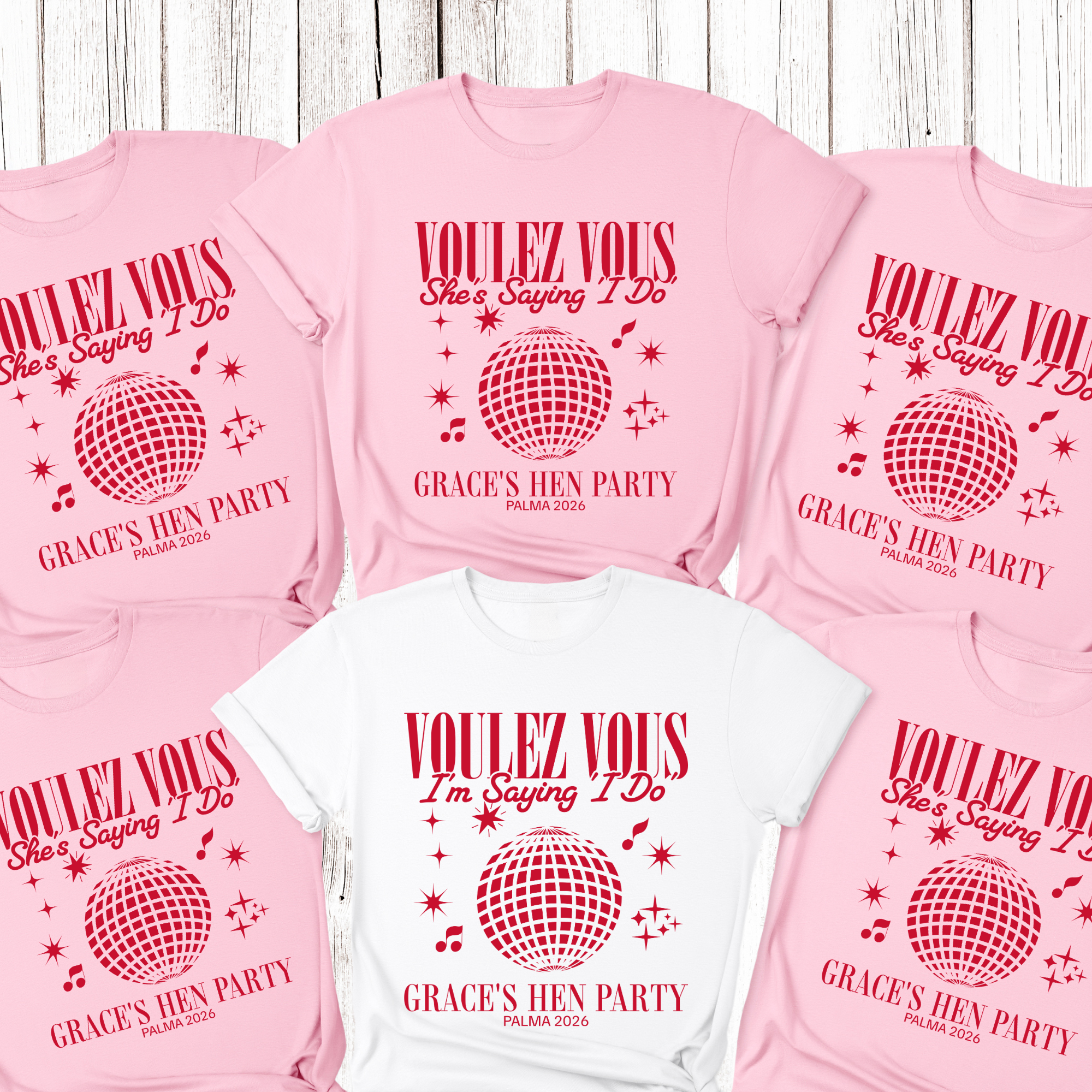 Personalised Hen Party Tshirts Disco Voulez Vous Saying I Do Bridal Party Shirts (Pink)