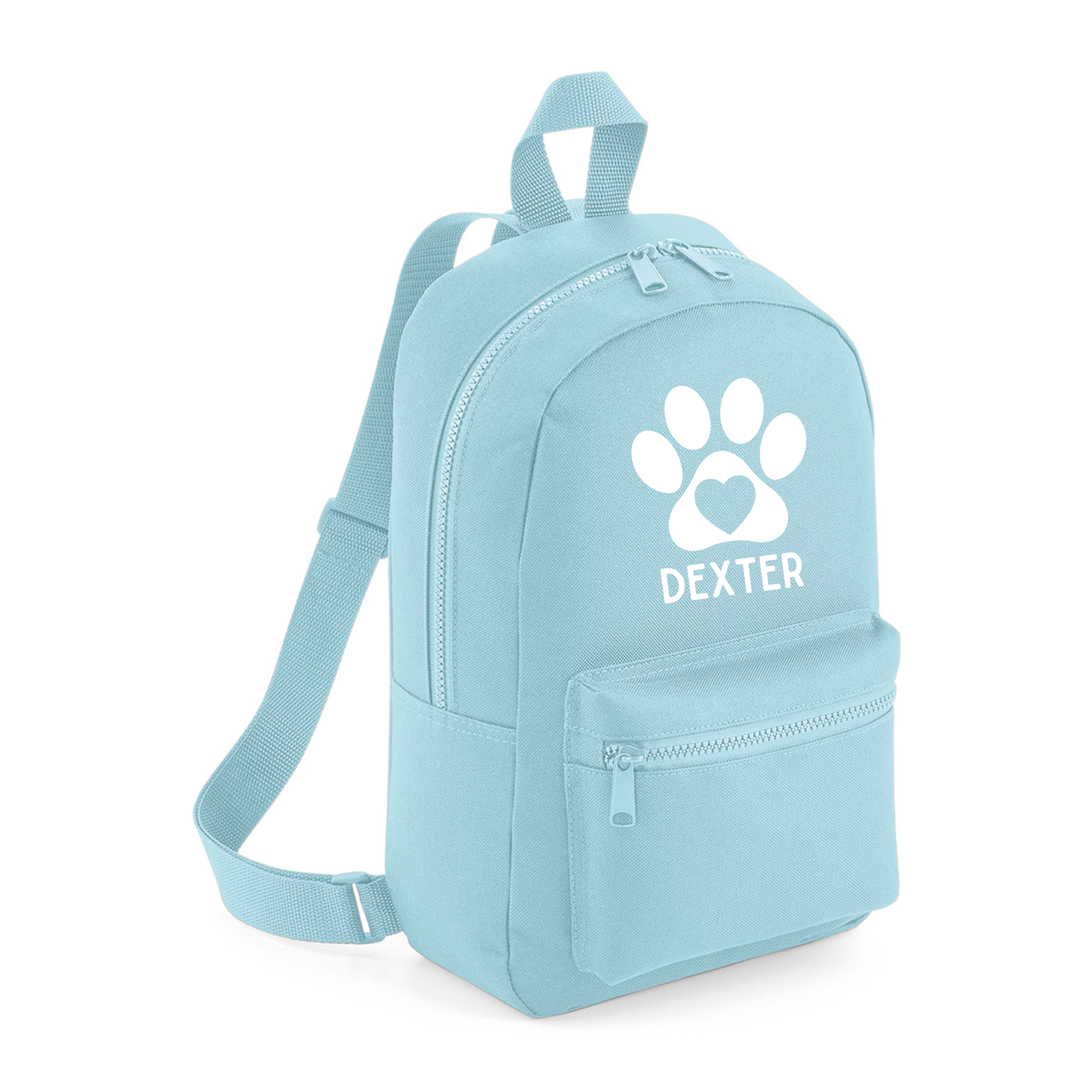 a blue backpack with a white dog paw on it