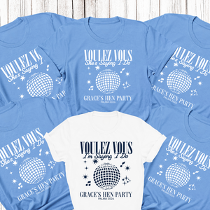 Personalised Hen Party Tshirts Disco Voulez Vous Saying I Do Bridal Party Shirts (Blue)