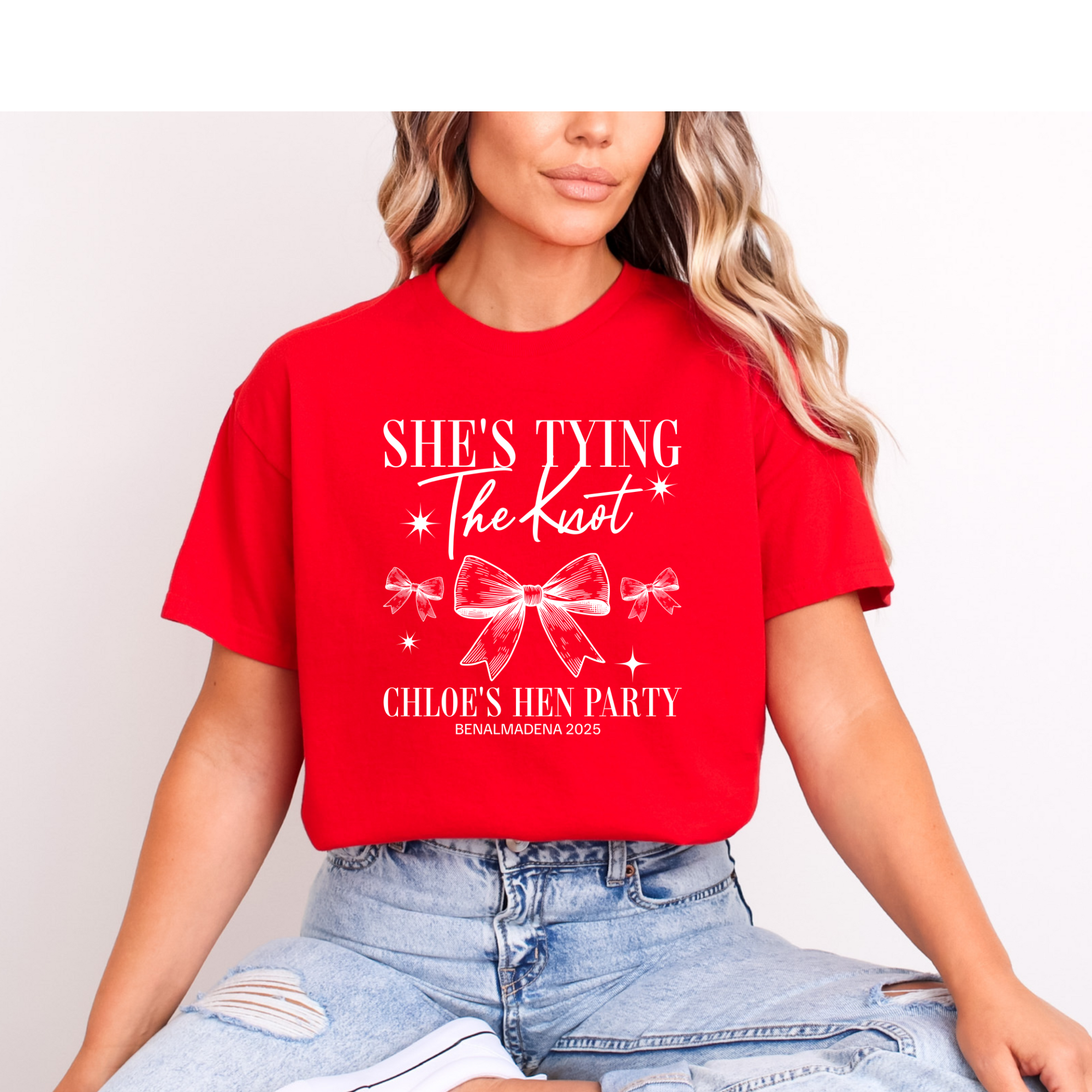 Personalised Hen Party T shirts Tying The Knot Bridal Party Shirts (Red)